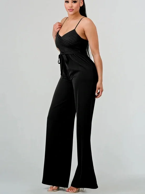 Wide-Leg Black Jumpsuit with Spaghetti Straps - Picture 3 of 5
